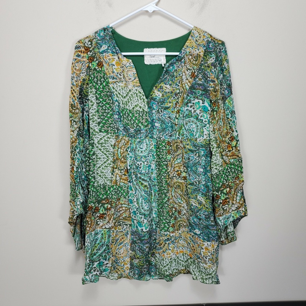 Floreat Anthropologie Silk V neck Top Long Sleeve flare side zip green 8P Petite